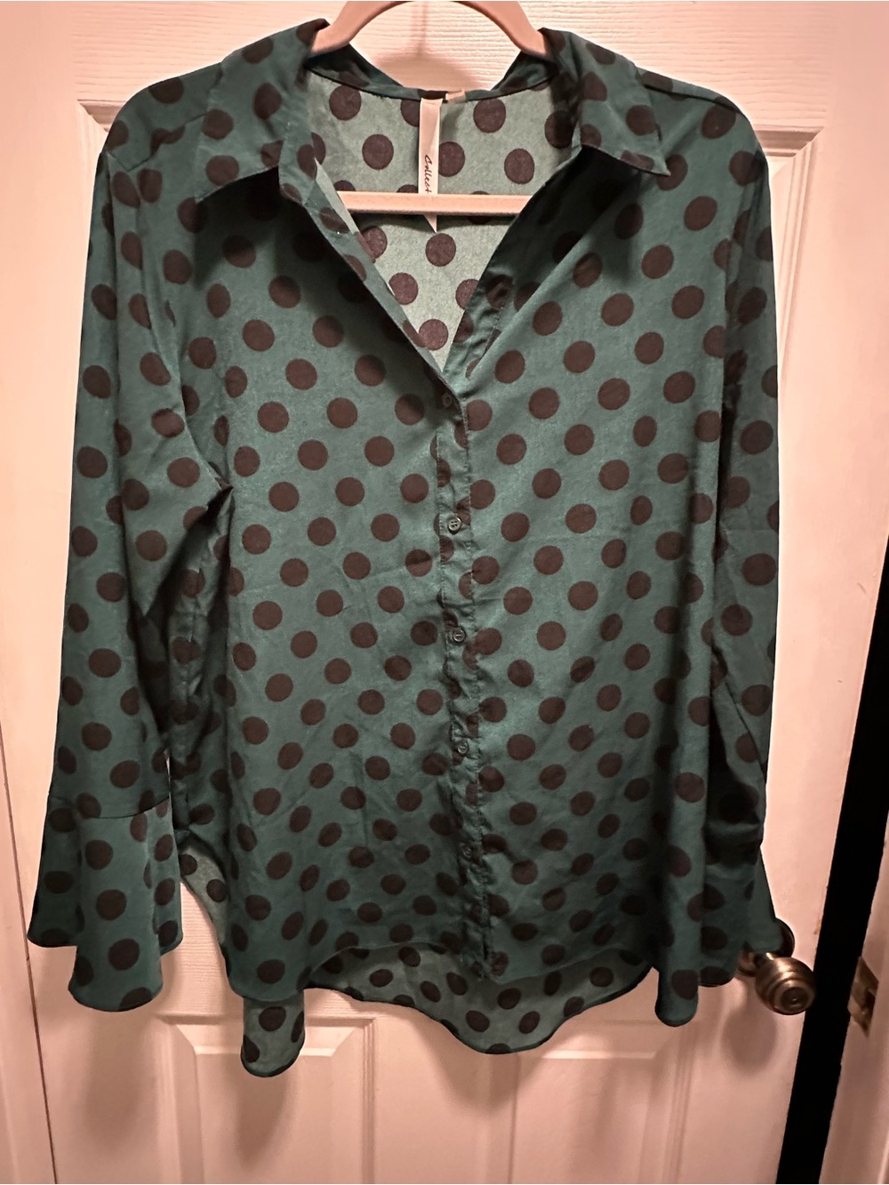 NY Collection Dark Green Blouse with Black Polka Dots